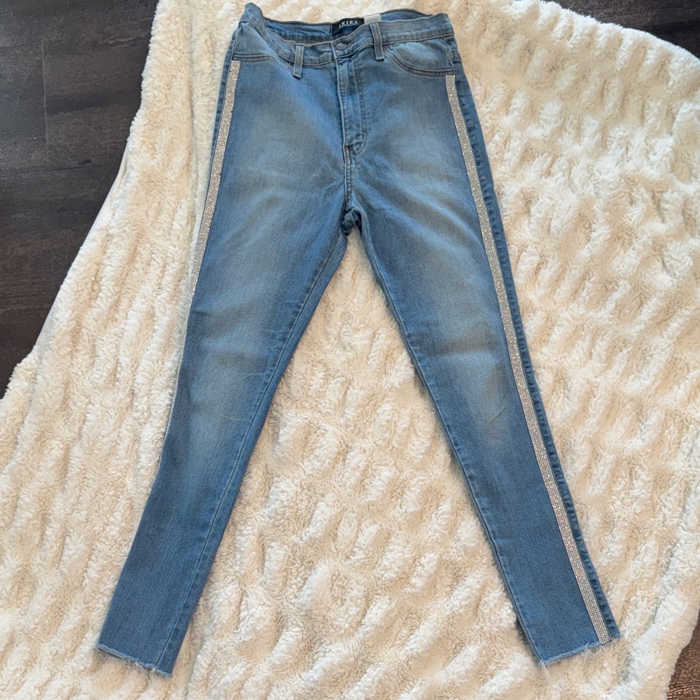 AKIRA Vibrant M.I.U. Rhinestone Side Stripe Skinny Jeans Size 13 W30 Raw Hem